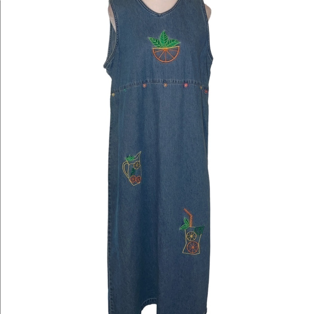 C.B. Casual‎ Vintage Denim Maxi Dress Embroidered Citrus Lemonade Blue Womens PL